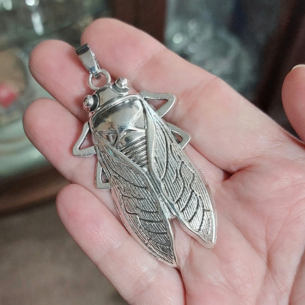 Silver Insect Cicada Locust Necklace Bag Charm Pendant